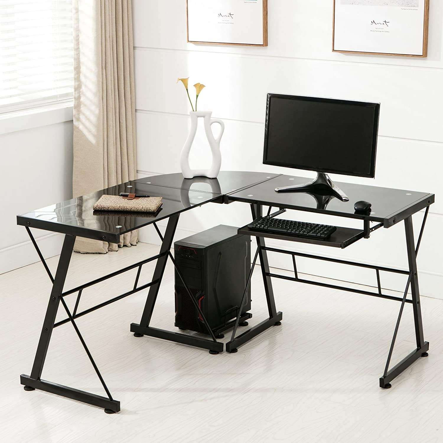 mecor l shaped tempered glass computer desk with keyboard tray & cpu stand corner
