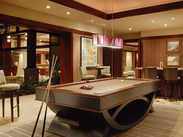 modern pool room, modern touch with earthy tones