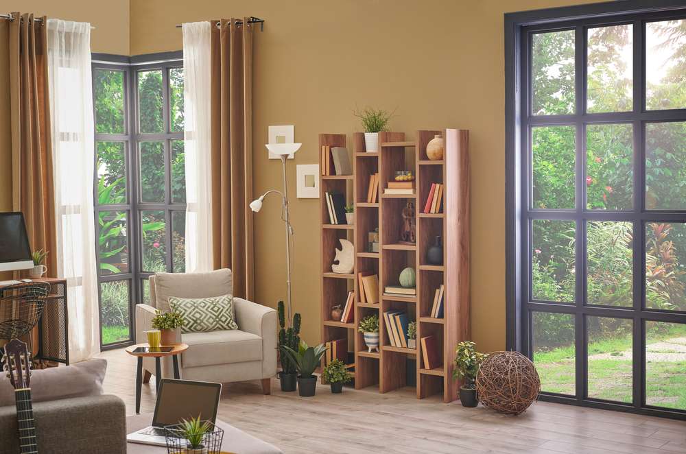 wooden bookshelf and bookcase concept for modern living room