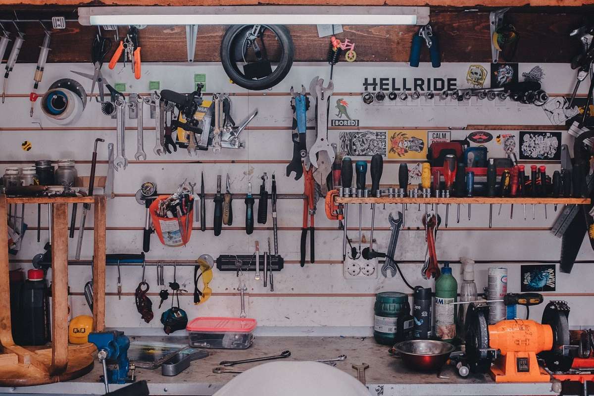 mechanical tools in bike garage workshop
