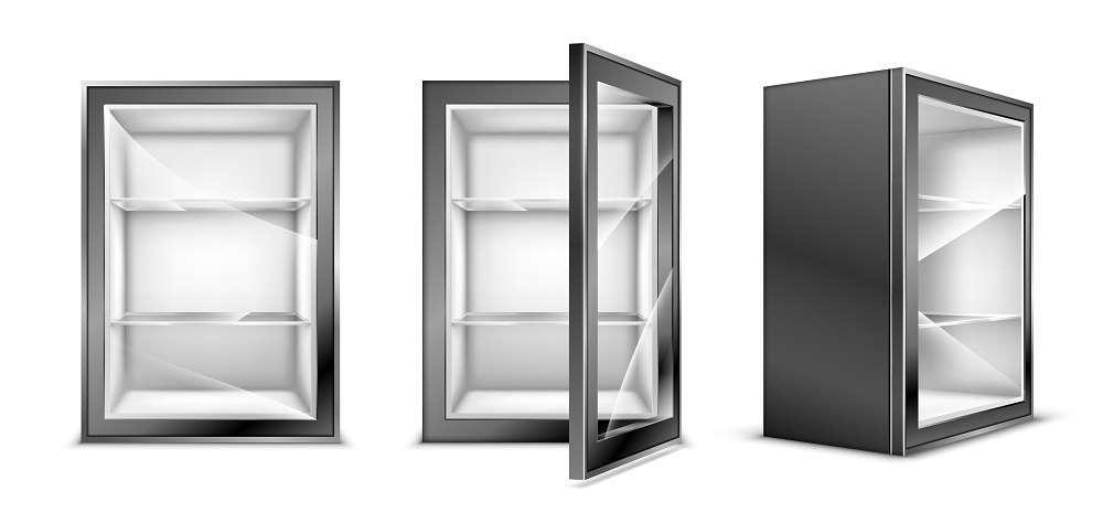 mini fridge with glass door isolated on white background