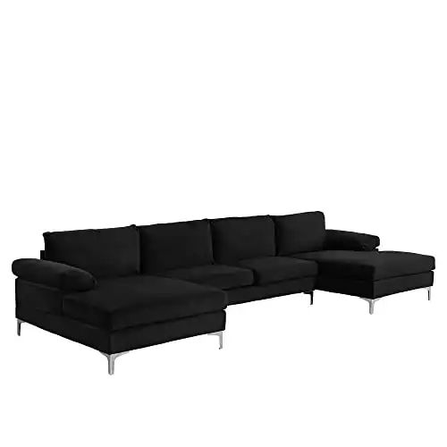 Casa AndreaMilano Modern Large Velvet Fabric U-Shape Sectional Sofa, Double Extra Wide Chaise Lounge Couch, Carbon Black
