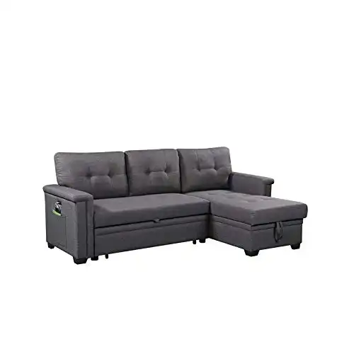 BOWERY HILL Gray Reversible Sleeper Sofa Storage Chaise with USB Charging Ports