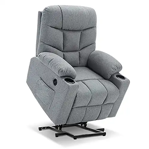 Mcombo Electric Power Lift Recliner Chair Sofa for Elderly, 3 Positions, 2 Side Pockets and Cup Holders, USB Ports, Fabric 7286 (Light Grey)