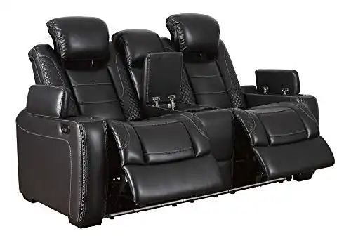 Signature Design by Ashley Party Time Faux Leather Power Reclining Loveseat with LED -Lighting, Black