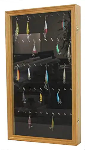 Display Case Wall Cabinet Shadow Box for Fishing Lures Baits Collection, Glass Door Oak Finish