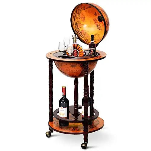 Goplus 17" Wood Globe Wine Bar Stand 16th Century Italian Rack Liquor Bottle Shelf with Wheels (Retro Brown)