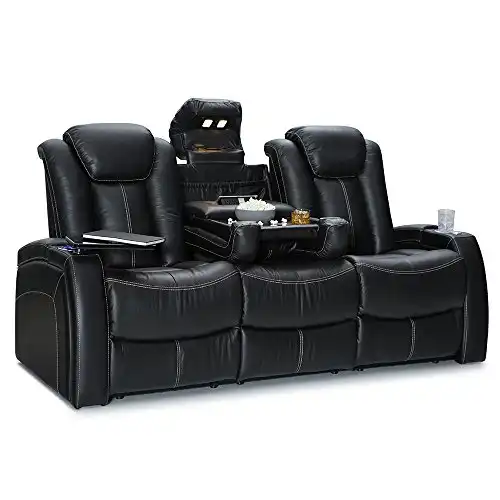 Seatcraft Republic Home Theater Seating - Top Grain Leather - Power Recline - Power Headrest - Center Fold Down Table - Cupholders - AC, USB, Wireless Charging - in Arm Storage (Sofa, Black)