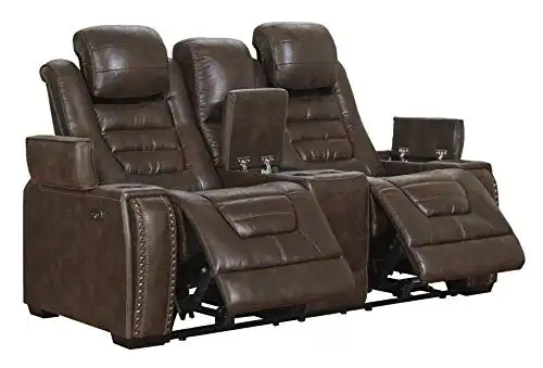 Signature Design by Ashley Game Zone Faux Leather Power Reclining Loveseat with Center Console, Brown