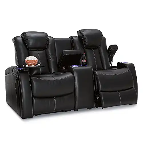 Seatcraft Omega Home Theater Seating - Leather Gel - Power Recline - Power Headrests - USB Charging - Lighted Cup Holders - Center Storage Console (Loveseat, Black)