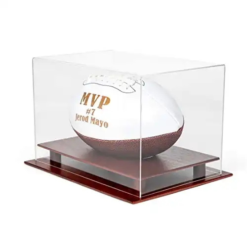 DECOMIL - UV Protection Football Display Case Holder, All 4 Sides Visible, Solid Wood Base - Cherry Finish