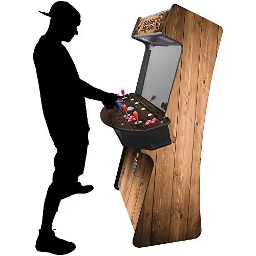 Creative Arcades Full Size Stand-Up Commercial Grade Arcade Machines | 4 Player | 4500 Games | 32" LCD Screen | 4 Sanwa Joysticks | Trackball | Woodgrain | 2 Stools Included | 3 Year Warranty