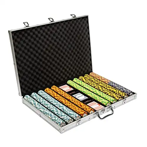 Brybelly 1,000 Ct Monte Carlo Poker Set - 14g Clay Composite Chips with Aluminum Case, Playing Cards, & Dealer Button