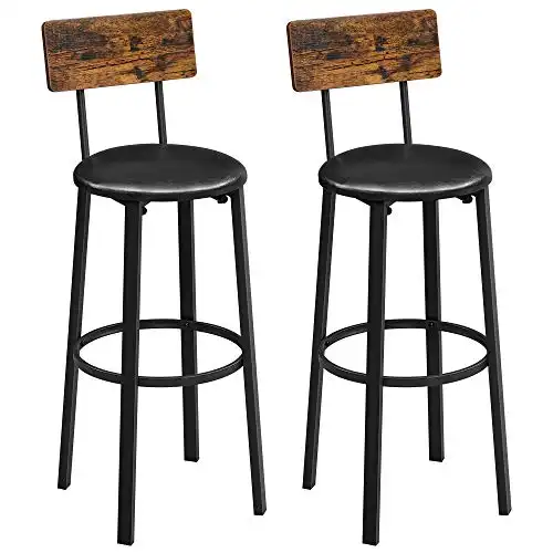 VASAGLE Bar Stools, Set of 2 PU Upholstered Breakfast Stools, 15.4 x 15.4 x 29.7 Inches, Footrest, Simple Assembly, Industrial, for Dining Room Kitchen Counter Bar, Rustic Brown and Black ULBC069B81