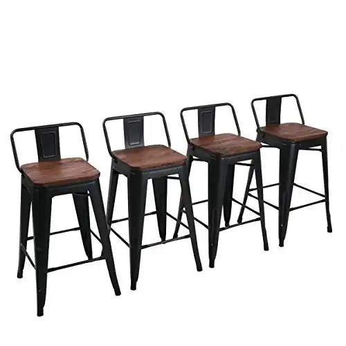 Yongchuang 26" Metal Barstools Set of 4 Counter Height Bar Stools with Wood Top Low Back Matte Black