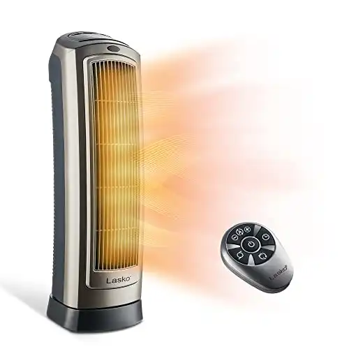Lasko Oscillating Digital Ceramic Tower Heater for Home with Adjustable Thermostat, Timer and Remote Control, 23 Inches, 1500W, Silver, 755320
