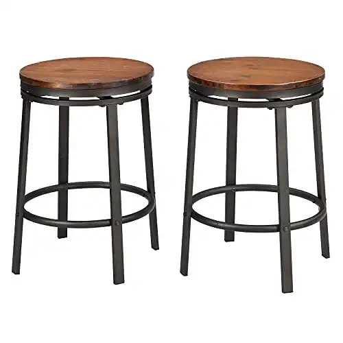 O&K FURNITURE 24-Inch Backless Swivel Bar Stools Counter Height, Industrial Kitchen Backless Bar Stools, Wood and Metal Bar Stool Chairs Set of 2, Dark Brown