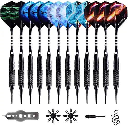 WIN.MAX Darts Plastic Tip - Soft Tip Darts Set - 12 Pcs 18 Gram with 100 Extra Dart Tips 12 Flights Flight Protectors and Wrench for Electronic Dart Board