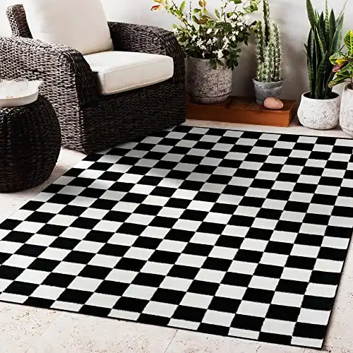 Persian Area Rugs Black 5x7 1909 Checkered White Area Rug Carpet, 5 ft x 7 ft (1909 Black 5x7)
