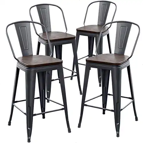 Aklaus 26" Bar Stools Set of 4,Counter Height Bar Stools with Larger Seat,Bar Stools with Back,Black Metal Bar Stools with Removable Back,Farmhouse Barstools,High Back Kitchen Bar Stool Chair