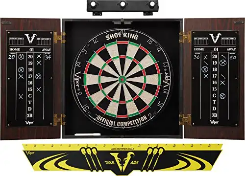 Viper by GLD Products Stadium Cabinet & Shot King Sisal/Bristle Dartboard Ready-to-Play Bundle: Premium Set (Shot King Dartboard, Darts, Shadow Buster and Throw Line), Black