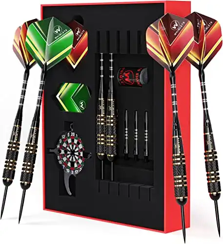 Whimlets Darts Metal Tip Set - Darts Steel Tip Set Professional with Brass Barrels, Professional Darts with Extra Aluminum Shafts, Flights + Dart Tool and Sharpener + Pro Darts Guide and Gift Case