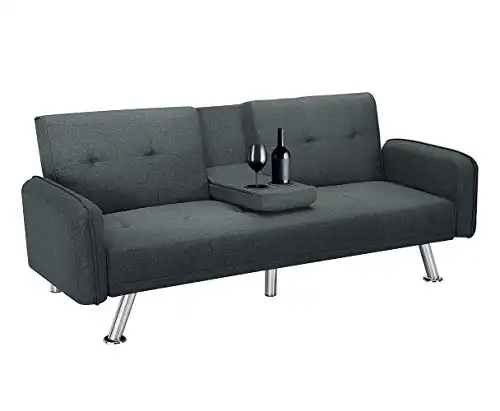 SLEERWAY Futon Sofa Bed with Cup Holders, 3 Angles Adjustable Convertible Sleeper Sofa, Loveseat with 5 Metal Legs, Modern Couch Sofa for Living Room (Dark Grey)
