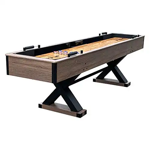 Hathaway Excalibur 9-Ft Shuffleboard Table for Great for Family Recreation Game Rooms, Designed with a Rustic Driftwood Finish with Built-in Leg Levelers, Includes 8 Pucks, Table Brush and Wax