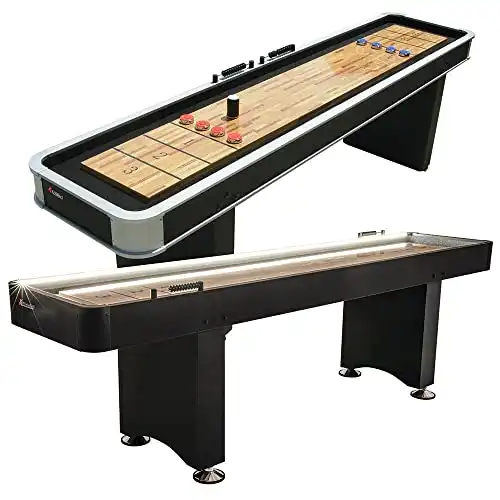 Atomic 9’ LED Shuffleboard Tables with Poly-Coated Playing Surface for Smooth, Fast Puck Action and Pedestal Legs with Levelers for Optimum Stability and Level Play (G04000FE)
