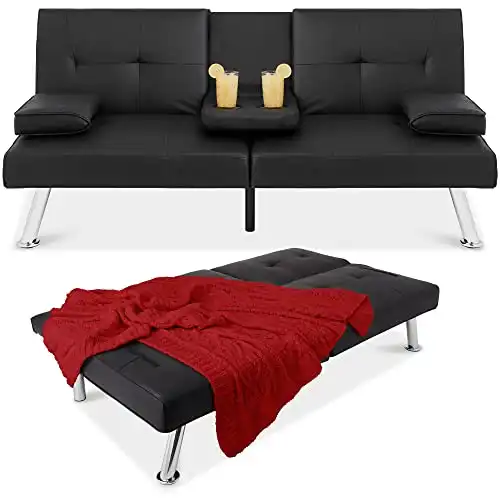 Best Choice Products Faux Leather Upholstered Modern Convertible Folding Futon Sofa Bed for Compact Living Space, Apartment, Dorm, Bonus Room w/Removable Armrests, Metal Legs, 2 Cupholders - Black