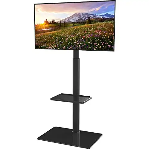 Universal Floor TV Stand with Mount for 19 to 42 inch Flat Screen TV, 100 Degree Swivel,Adjustable Height and Tilt Function, 2 Shelves Space Saving Standing TV Mount for Bedroom Living Room Corner