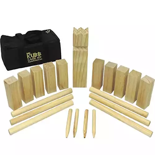 EasyGoProducts Kubb The Viking Wooden Outdoor Lawn Game Set - One 2 3/4" x 12" King, Ten 1.75" x 6" Kubb Blocks, Six 1" Diameter x 12", Brown Small (EGP-TOY-007)