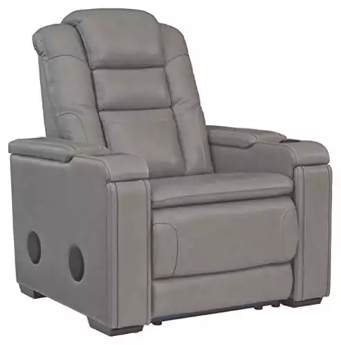 Signature Design by Ashley Boerna Leather Power Recliner with Adjustable Headrest, Bluetooth Speakers & Wireless Charger, Gray 41D x 37W x 44H in