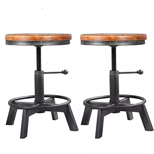BOKKOLIK Set of 2-Industrial Bar Stool-Counter Height Chairs- Swivel Wooden Seat- Adjustable 15.2-21"