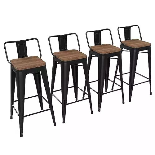Yongchuang 30 inch Bar Stools Set of 4 Bar Height Metal Barstools with Wood Seat Low Back Kitchen Bar Chairs Matte Black
